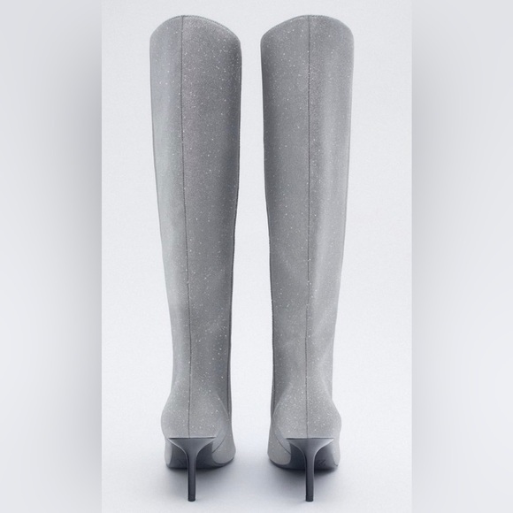 ✨BRAND NEW✨ ZARA METALLIC SPARKLY SILVER KNEE HIGH BOOTS - Picture 4 of 5